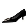 BIGTREE SHOES 237-K39 European and American Style Banquet Women's Shoes Stiletto Mid-Heel Thick Suede Shallow Mouth Pointed-Toe Metal Rhinestone Buckle Pumps
