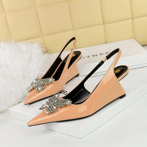 BIGTREE SHOES 1097-k53 High Heel Wedge Patent Leather Shallow Mouth Pointed Hollow Back Strap Metal Rhinestone Bow Single-Layer Shoes Women's Shoes