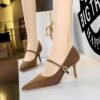 BIGTREE SHOES 9116-A3 Banquet High Heels Stiletto Low-Cut Pointed Corduroy Metal Buckle Ankle-Strap High Heel Pumps Women