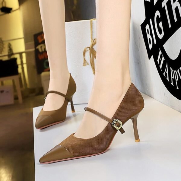 BIGTREE SHOES 9116-A3 Banquet High Heels Stiletto Low-Cut Pointed Corduroy Metal Buckle Ankle-Strap High Heel Pumps Women