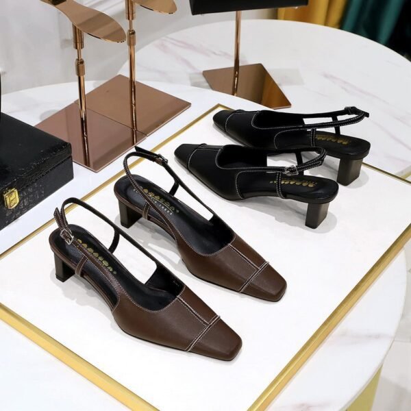 BIGTREE SHOES 171 Retro Style All-Match Mid Heel Chunky Heel Low-Cut Square Toe Cap Spring and Summer Women's Shoes Hollow Back Strap Slingback Sandals