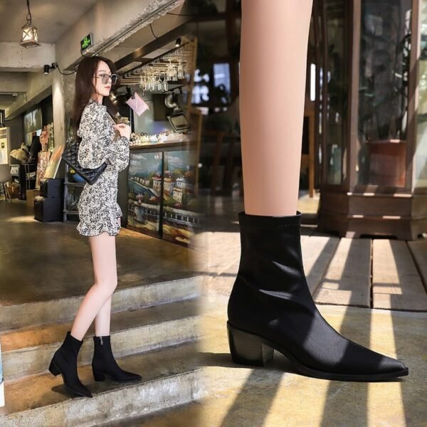 Bigtree Shoes 009-13 European and American Style Fashion Pedicure Thin and Comfortable Chunky Heel High Heel Pointed Elastic Lycra Ankle Boots