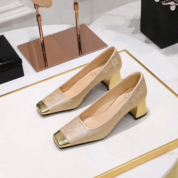 BIGTREE SHOES 5288-8 National Style Women's Shoes Entry Lux Elegant Thick Heel Mid-Heel Low-Cut Color Matching Square Head Embroidery Thread Satin Banquet Shoes Women