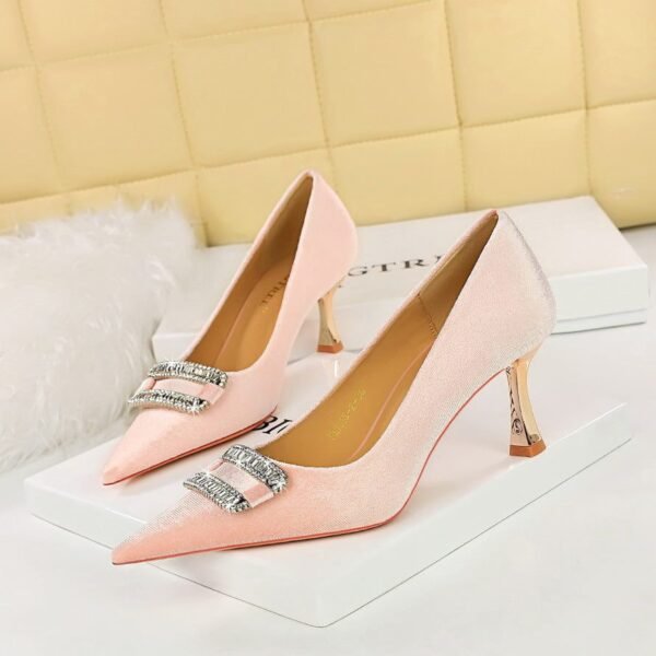 big tree shoes 1818-K76 European and American Style Fashion Banquet Women's Shoes High Heel Low-Cut Pointed Xi Shi Suede Metal Rhinestone Buckle Pumps