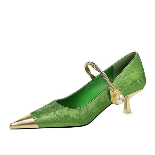 BIGTREE SHOES 237-23 National Style Women's Shoes Stiletto Heel Metal Heel Mid Heel Patchwork Assorted Colors Pointed Toe Shallow Mouth Strap Pearl Shoes Women