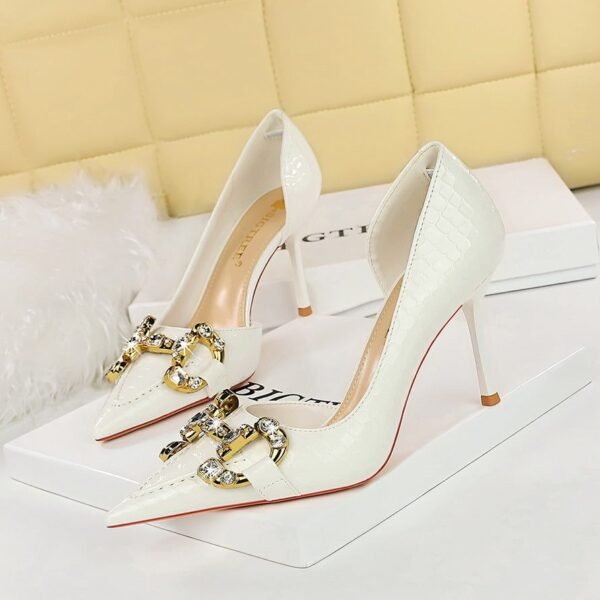 21fccf1ff2f58b4f2fb7fc133c8a0e90 big tree shoes 8238-1 European and American Banquet High Heels Stiletto Heel Shallow Mouth Pointed Toe Side Hollow Metal Rhinestone Buckle Pumps Women's Shoes