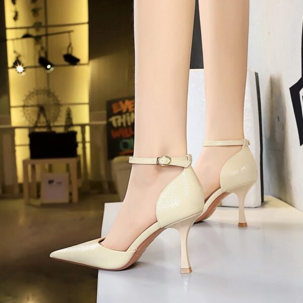 8323-5 European and American Banquet High Heel Low-Cut Pointed Toe Shiny Patent Leather Solid Color Snake Pattern Hollow Hollow-out Strap Sandals BIG TREE SHOES