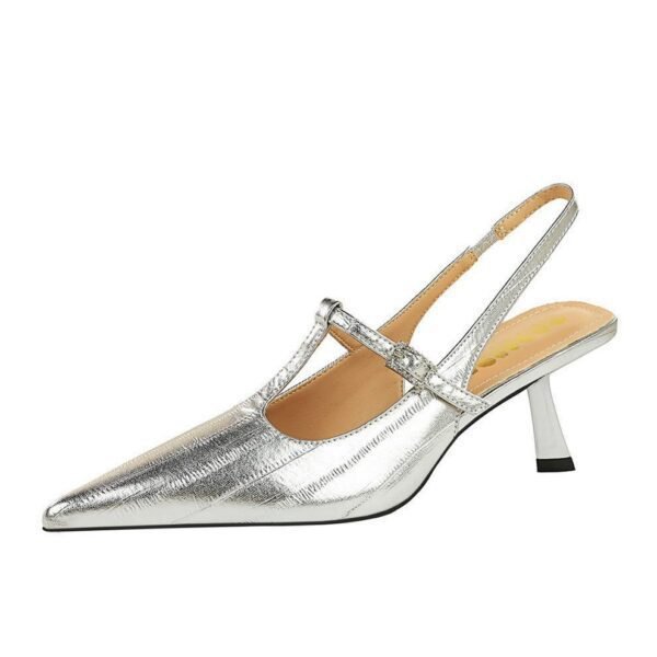 BIGTREE SHOES 070-11 Korean Style Women's Shoes High Heel Low-Cut Pointed Toe T Shape with Rhinestones Buckle Hollow Back Strap Back Open Shoes Female