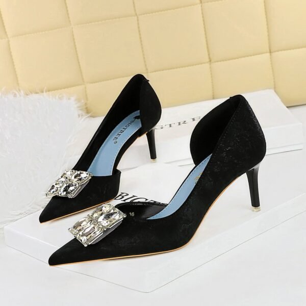 BIGTREE SHOES 6168-Ak58 Banquet Women's Shoes High Heel Hand Grip Wrinkle Surface Cloth Surface Shallow Mouth Pointed Side Hollow out Rhinestone Buckle Pumps