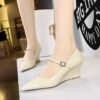 BIGTREE SHOES 6639-3 Retro European American Style Stitching Pointed High Heel Wedge Ankle-Strap Shoes Women's Shoes Shallow Mouth Pointed Toe Wedge Heels