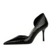 big tree shoes 8238 European and American Fashion Banquet Women's Shoes High Heel Stiletto Low Mouth Pointed Side Hollow Retro Patent Leather Stone Pattern Pumps