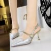 BIGTREE SHOES 3718-5 National Style Women's Shoes Metal Very High Very Low-Cut Pointed-Toe Hollowed Back Strap with Pearl Back Open Shoes