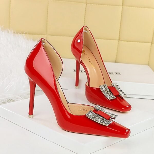 BIGTREE SHOES 3287-K70 European and American Banquet High Heels Stiletto Heel Shallow Mouth Square Toe Patent Leather Metal Rhinestone Buckle Pumps