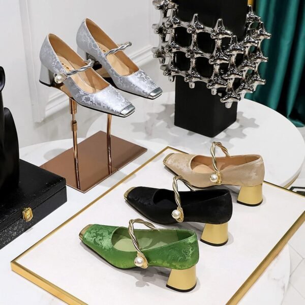 BIGTREE SHOES 5288-6 National Style Women's Shoes Banquet Chunky Heel Mid Heel Satin Embroidered Color Matching Square Toe Low-Cut Pearl Ankle-Strap Shoes
