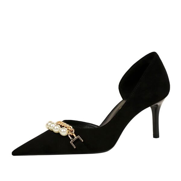 8829-a2 Korean Style Banquet Stiletto Heel Suede Shallow Mouth Pointed Pearl Metal Chain Side Hollow Women's Shoes