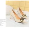 7239-A1 European and American fashion banquet women's shoes fine heel high heel shallow pointed metal buckle single shoes high heels