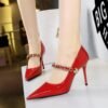 28056633f2ac0c1b622596dab37d0c5a BIGTREE SHOES 3265-3 European and American Style High Heels Women's Shoes Stiletto Heel Patent Leather Low-Cut Pointed-Toe Metal Chain Ankle-Strap Shoes