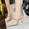BIGTREE SHOES 3718-5 National Style Women's Shoes Metal Very High Very Low-Cut Pointed-Toe Hollowed Back Strap with Pearl Back Open Shoes