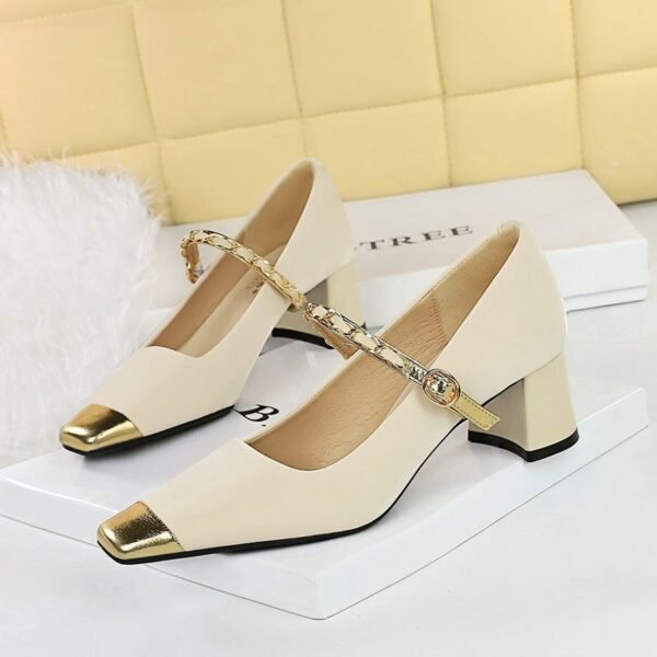 BIGTREE SHOES 5288-7 French Mary Jane Women's Classy Shoes Mid Heel Chunky Heel Low-Cut Color Matching Square Head Metal Chain Ankle-Strap Shoes