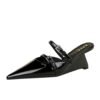 BIGTREE SHOES 1097-6 Korean Style Outdoor Slippers Pointed Toe Toe Cap High Heel Wedge Patent Leather Low-Cut Women's Half Slippers with Buckle