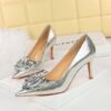 BIGTREE SHOES 3391-ah56 European and American Style Banquet High Heels Women's Shoes Stiletto Heel Shallow Mouth Pointed Flower Rose Pumps