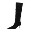 big tree shoes 328-19 European and American Style Versatile Knee-High Boots Women's Boots Middle Heel Fine Heel Pointed Toe Suede Retro Folding Tube Surface High Boots