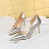 1363-A2 Korean fashion slim banquet fine heel high heel shallow pointed side hollow patent leather women's shoes single shoes high