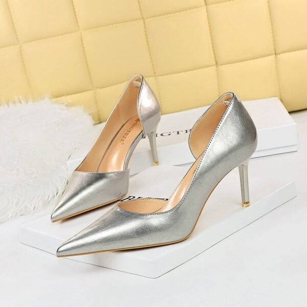 1363-A2 Korean fashion slim banquet fine heel high heel shallow pointed side hollow patent leather women's shoes single shoes high