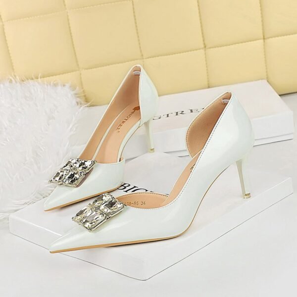 BIGTREE SHOES 638-Ak58 Korean Style Banquet Women's Shoes Stiletto Heel Shallow Mouth Pointed Patent Leather Side Hollow Square Rhinestone Buckle Pumps