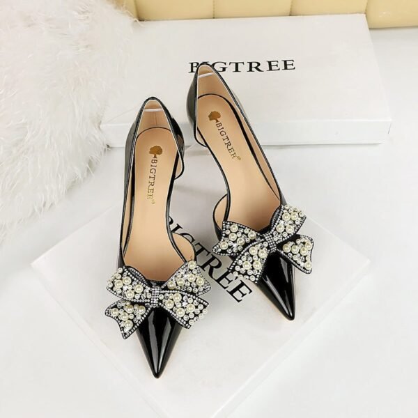 Big Tree Shoes 638-AH6 European and American Banquet Women's Shoes High Heel Stiletto Shallow Mouth Pointed Pearl Rhinestone Bow Pumps High Heels