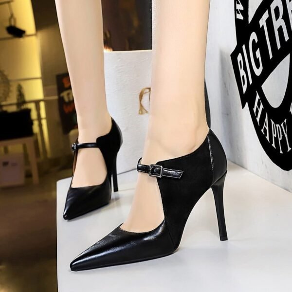 2bd8862d290d52a53afb9217f993ef55 BIGTREE SHOES 9783-1 Retro European American Style High Heels Stiletto Suede Pointed Stitching Hollow High-Cut Shoes Pumps High Heel Women's Shoes