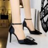 BIGTREE SHOES 9863-H32 Korean Style Hollow High Heel Shoes Pointed Toe Satin Rhinestone Buckle Bow Strap Sandals High Heel Women's Shoes