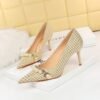 2d08ae86f42685efa700a327c52376a2 9283-A1 European and American thin-heeled high-heeled shallow-pointed cloth plaid houndstooth metal chain pearl shoes