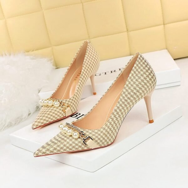 2d08ae86f42685efa700a327c52376a2 9283-A1 European and American thin-heeled high-heeled shallow-pointed cloth plaid houndstooth metal chain pearl shoes