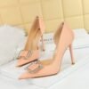 Big Tree Shoes 626-K6 European and American Style Thinner Side Hollow High Heels Women's Shoes Stiletto Heel Rhinestone Buckle Pumps