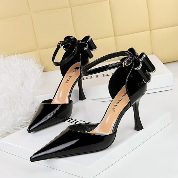BIGTREE SHOES 8323-H35m Summer Hollow High Heel Shallow Mouth Pointed Patent Leather Strap Back Bow Sandals Women's High Heels