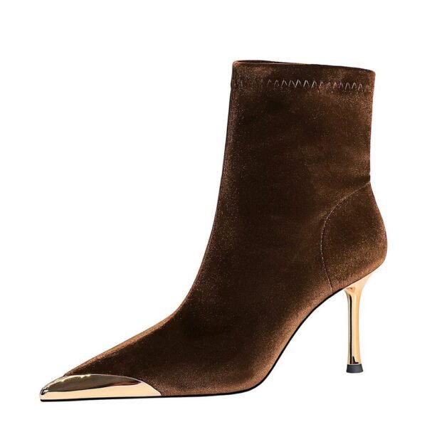 BIGTREE SHOES 319-10 European and American Style Banquet Women's Short Boots Super High Heel Stiletto Low-Cut Metal Pointed Xi Shi Suede Short Boots