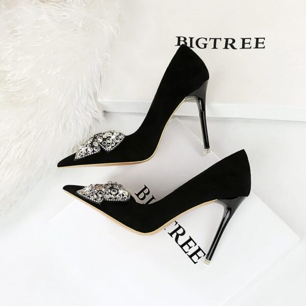 Bigtree Shoes 9511-H29 European and American Banquet High Heels Stiletto Heel Suede Shallow Mouth Pointed Toe Rhinestone Bow Pumps Women