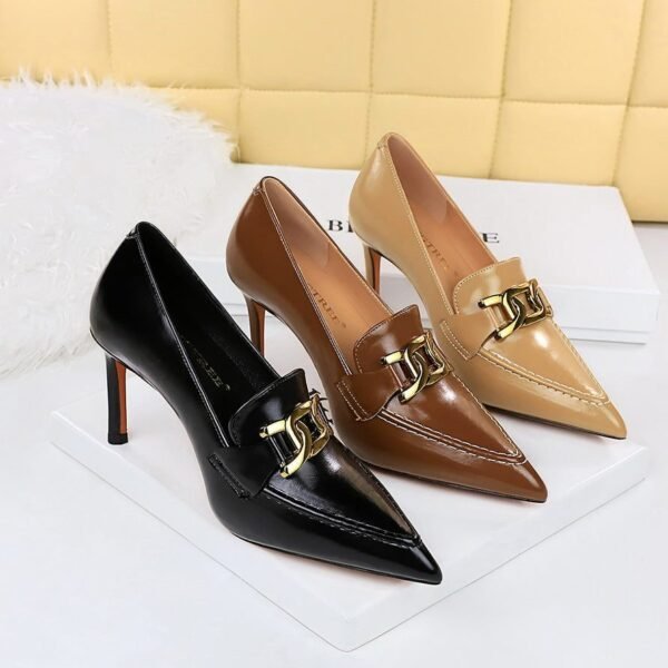 BIG TREE SHOES 837-2 Retro Europe and America Women's Shoes Stiletto Heel High-Cut Shoes Pointed Toe Metal Buckle Decorative Deep Mouth Pumps High Heels