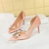 2f0f03cf9c91c3b1aab9fb2a6af72dfa BIGTREE SHOES 1363-Ak77 Banquet High Heels Women's Shoes Suede Shallow Mouth Pointed Toe Side Hollow Rhinestone Pearl Bow Pumps