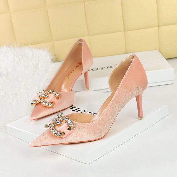 2f0f03cf9c91c3b1aab9fb2a6af72dfa BIGTREE SHOES 1363-Ak77 Banquet High Heels Women's Shoes Suede Shallow Mouth Pointed Toe Side Hollow Rhinestone Pearl Bow Pumps