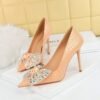BIG TREE Shoes 3391-H9 Korean Style Fashion Banquet High Heels Stiletto Heel Shallow Mouth Pointed Toe Rhinestone Bow Pumps Women