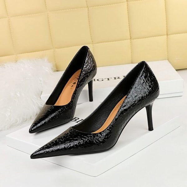 Bigtree Shoes 1198-A18 Retro European American Style Stone Pattern Patent Leather Women's Shoes High Heel Low-Cut Pointed Toe Banquet Shoes Women's High Heels