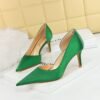 BIG TREE 3165-A8 European and American Fashion Minimalist Banquet Side Hollow High Heel Stiletto Low Mouth Pointed Toe Satin Women's Shoes
