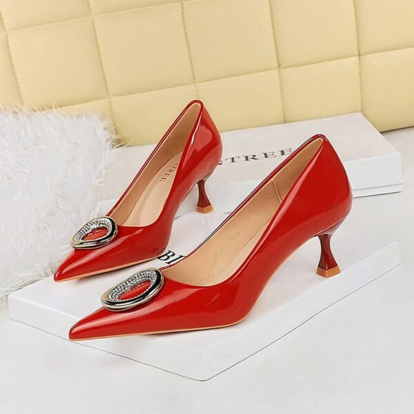 30ba0820d005e543ddd476361f5179a8 BIGTREE SHOES 1961-K61 European and American Style Banquet Fashion Women's Shoes Patent Leather Low-Cut Pointed-Toe Metal Rhinestone Buckle Pumps Women's High Heels