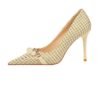 9283-1 European and American style houndstooth high-heeled high-heeled shallow-pointed pearl chain plaid women's shoes