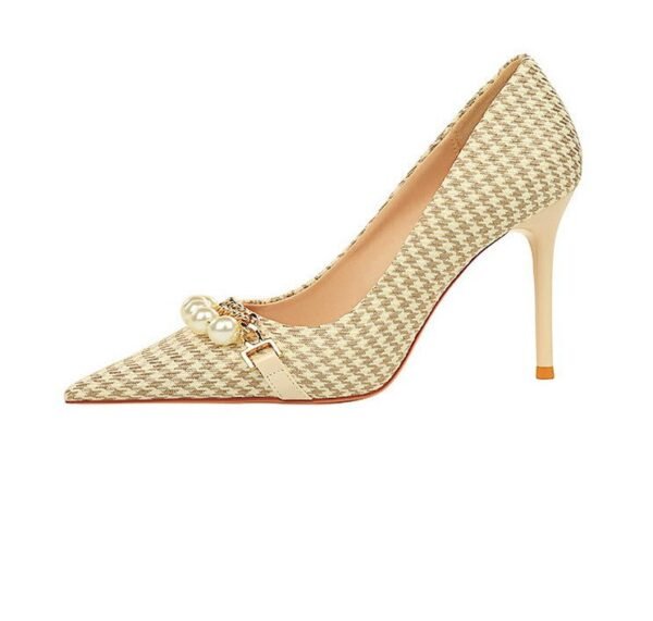 9283-1 European and American style houndstooth high-heeled high-heeled shallow-pointed pearl chain plaid women's shoes