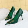 3391-26 Korean Style Fashionable Elegant Pedicure Slimming Stiletto Heel Shallow Mouth Pointed Toe Metal Buckle Pumps Women's High Heel