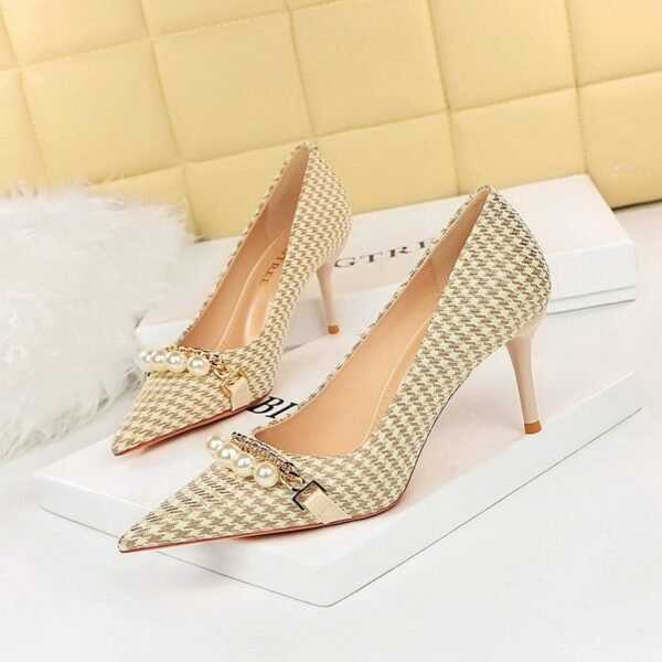 31c6df7ef6222b88c7b49f059f819dc7 9283-A1 European and American thin-heeled high-heeled shallow-pointed cloth plaid houndstooth metal chain pearl shoes