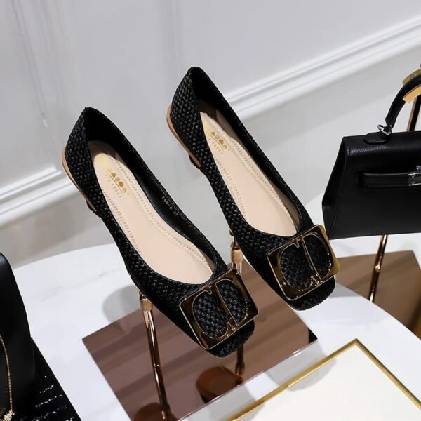 1332-1 Korean Style Spring and Autumn Fashion Sweet Women's Shoes Shallow Mouth Cloth Surface Square Toe Metal Buckle Flat Shoes All-Match Women's Shoes